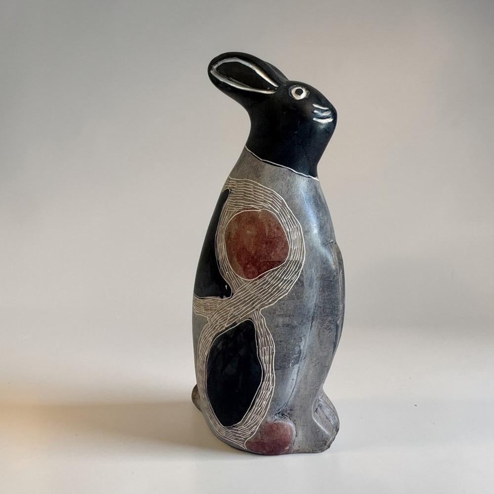 Hand Carved‎ Kenyan Soapstone Rabbit Figurine Grey Black Etched Hare 6.25 Inch